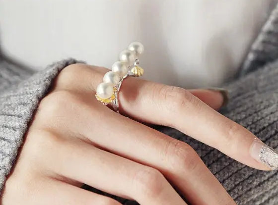 5A+ Natural High Luster White Pink Beaded Pearl Ring 18k Gold Plated Vermeil Horizontal Stone Ring, Gift Idea, Carved Ring Etsy