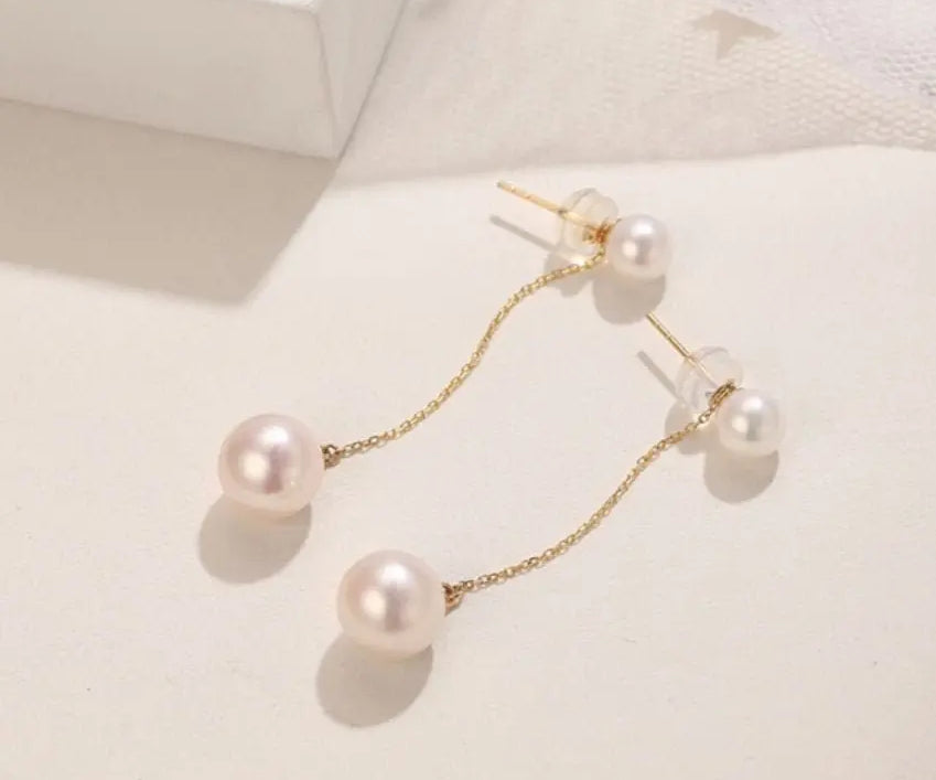 5A+ High Luster Pearl 9mm Handmade 18K Solid Yellow Gold Freshwater White Pink Pearl Dangle Earrings, Anniversary Gift, Gift Idea Etsy