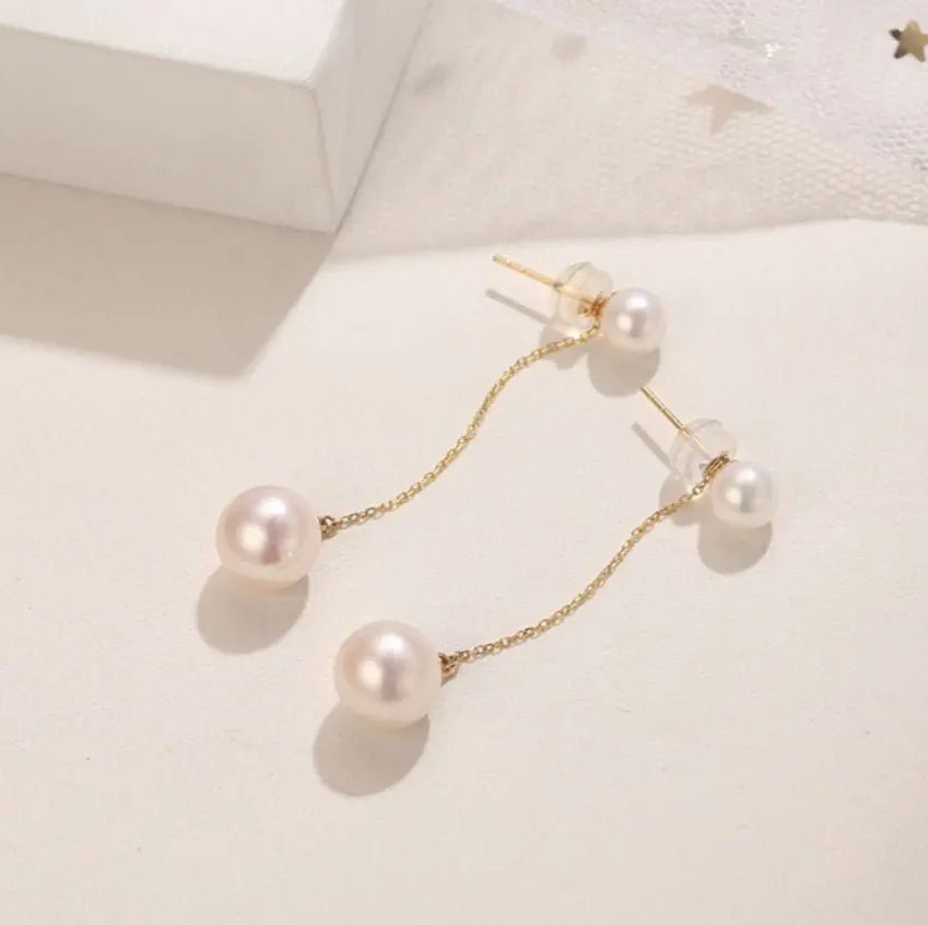 5A+ High Luster Pearl 9mm Handmade 18K Solid Yellow Gold Freshwater White Pink Pearl Dangle Earrings, Anniversary Gift, Gift Idea Etsy