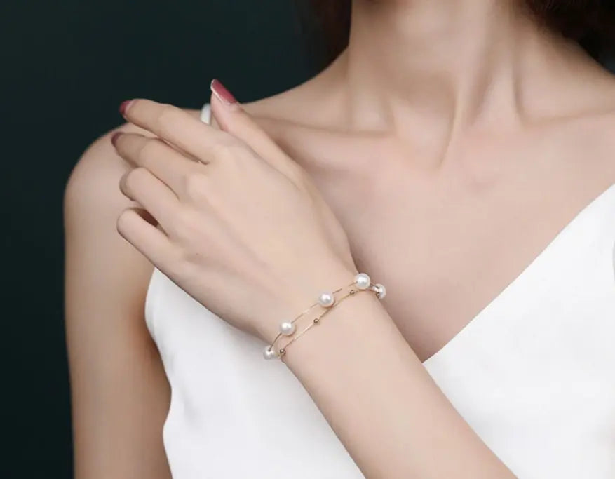 18k Yellow Gold 7mm Natural High Luster White Pink Pearl Bracelet, Handmade Beaded Pearl Bracelets, White Pink Pearl Bracelets, Gift Idea Etsy