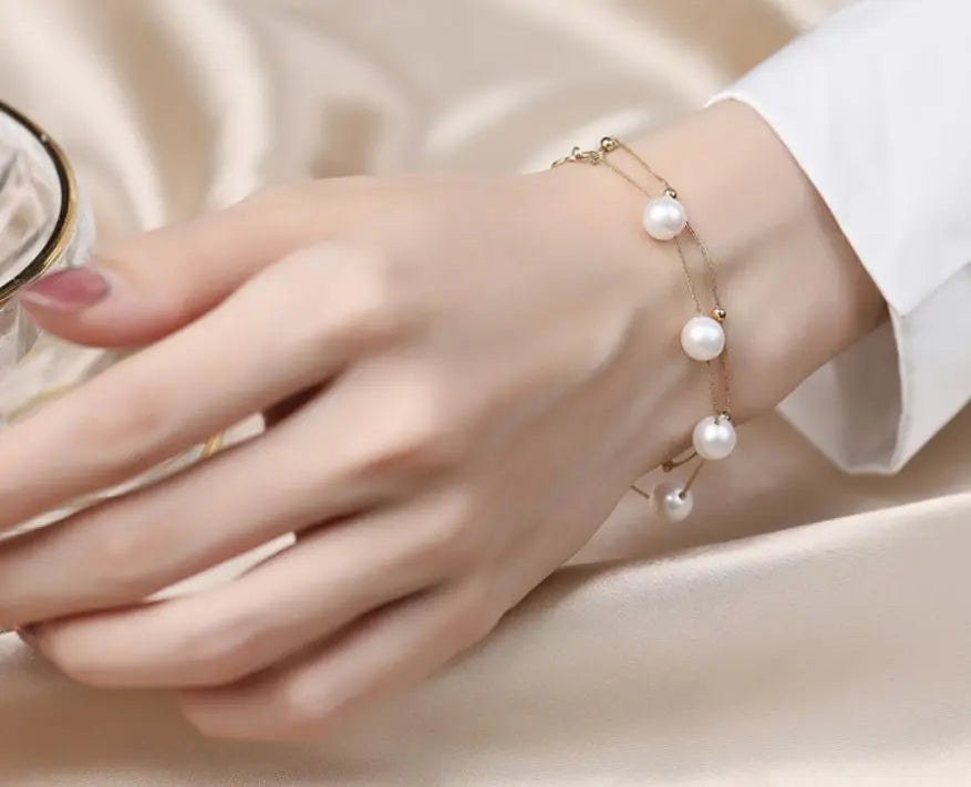 18k Yellow Gold 7mm Natural High Luster White Pink Pearl Bracelet, Handmade Beaded Pearl Bracelets, White Pink Pearl Bracelets, Gift Idea Etsy
