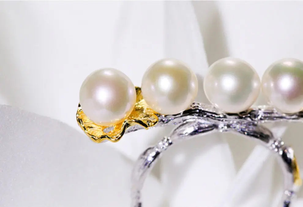5A+ Natural High Luster White Pink Beaded Pearl Ring 18k Gold Plated Vermeil Horizontal Stone Ring, Gift Idea, Carved Ring Etsy
