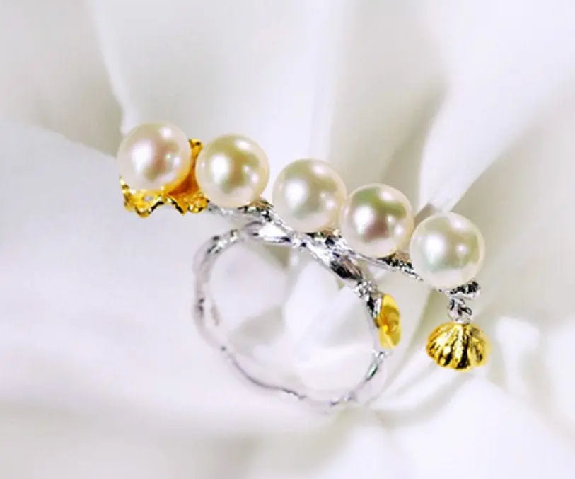 5A+ Natural High Luster White Pink Beaded Pearl Ring 18k Gold Plated Vermeil Horizontal Stone Ring, Gift Idea, Carved Ring Etsy
