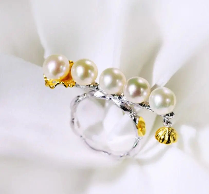 5A+ Natural High Luster White Pink Beaded Pearl Ring 18k Gold Plated Vermeil Horizontal Stone Ring, Gift Idea, Carved Ring Etsy