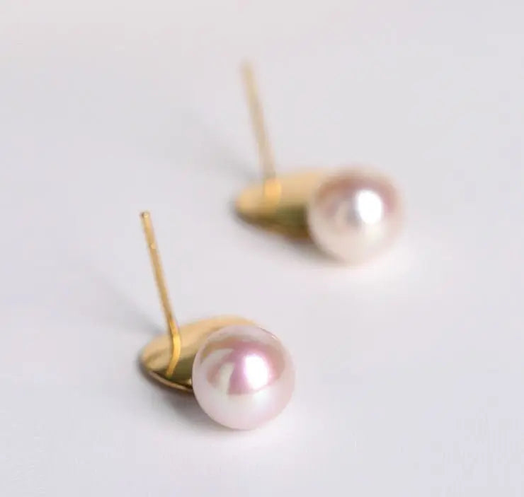18k Solid Yellow Gold Earrings, White Pink Pearl Disc Earrings, Matte Finish Gold Earrings Etsy