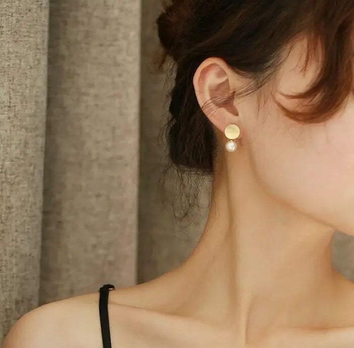 18k Solid Yellow Gold Earrings, White Pink Pearl Disc Earrings, Matte Finish Gold Earrings Etsy