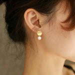18k Solid Yellow Gold Earrings, White Pink Pearl Disc Earrings, Matte Finish Gold Earrings Etsy
