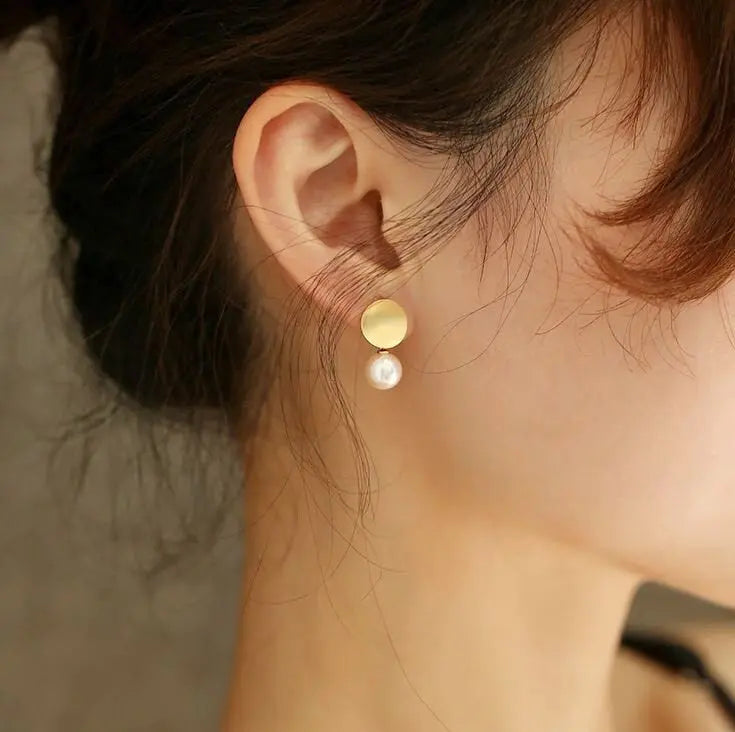 18k Solid Yellow Gold Earrings, White Pink Pearl Disc Earrings, Matte Finish Gold Earrings Etsy