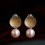 18k Solid Yellow Gold Earrings, White Pink Pearl Disc Earrings, Matte Finish Gold Earrings Etsy