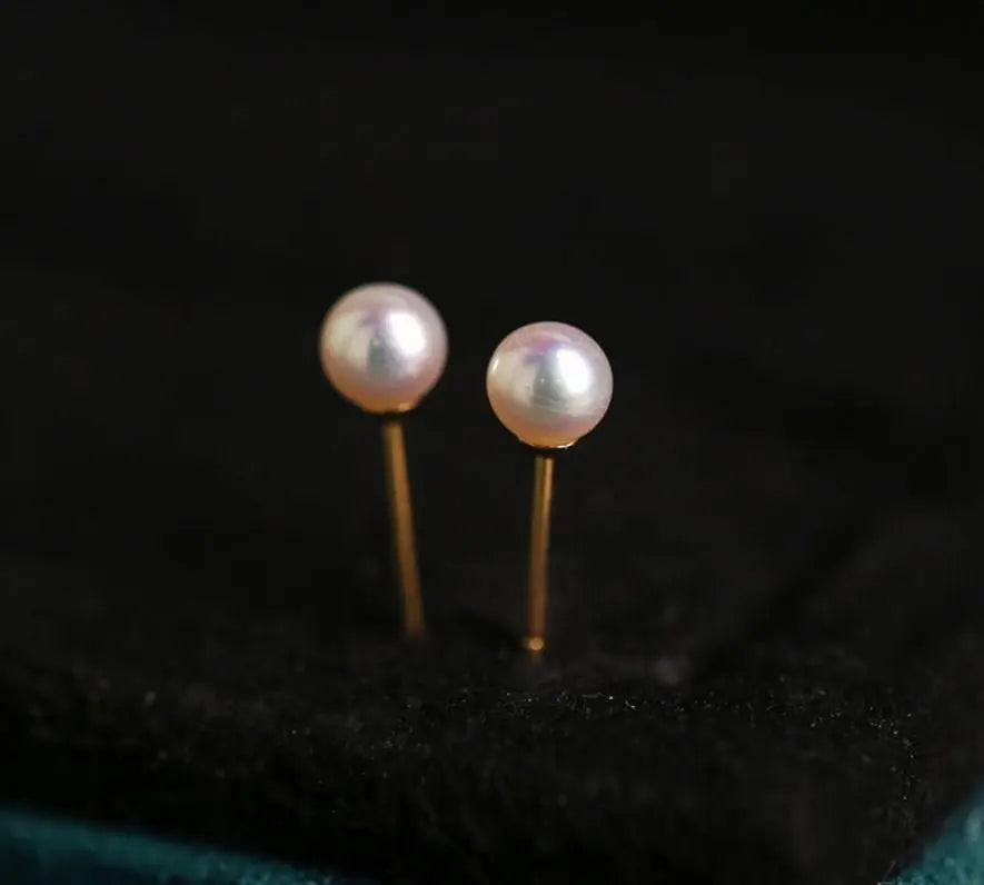 4mm Natural High Luster Pearl Handmade 18k Solid Yellow Gold White Pink Pearl Earrings, Seawater Pearl Earrings, Gift Idea Etsy