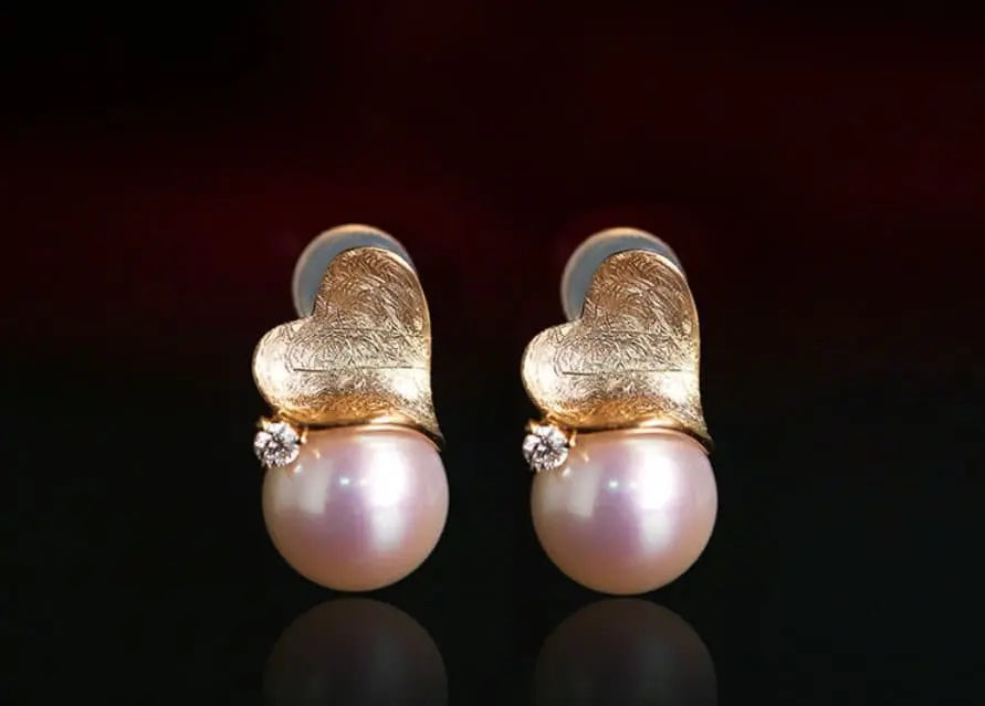 8mm Natural Akoya Pearl Diamond Heart Earrings - 18K Gold Etsy