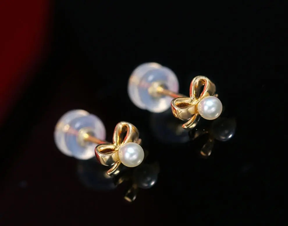 18K Yellow Gold Natural High Luster White Baby Pearl Earrings Handmade Pearl Earrings, Freshwater Pearl Bowknot Earrings, Gift Idea for Her Etsy
