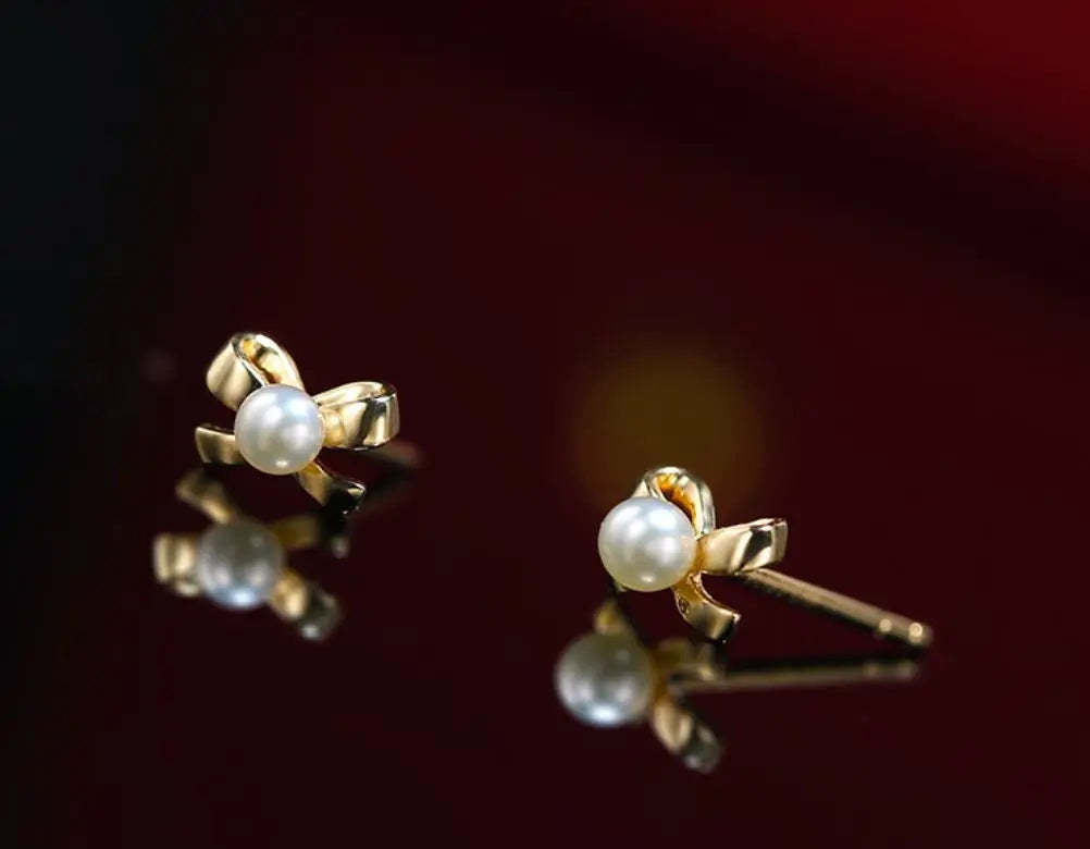 18K Yellow Gold Natural High Luster White Baby Pearl Earrings Handmade Pearl Earrings, Freshwater Pearl Bowknot Earrings, Gift Idea for Her Etsy