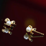 18K Yellow Gold Natural High Luster White Baby Pearl Earrings Handmade Pearl Earrings, Freshwater Pearl Bowknot Earrings, Gift Idea for Her Etsy