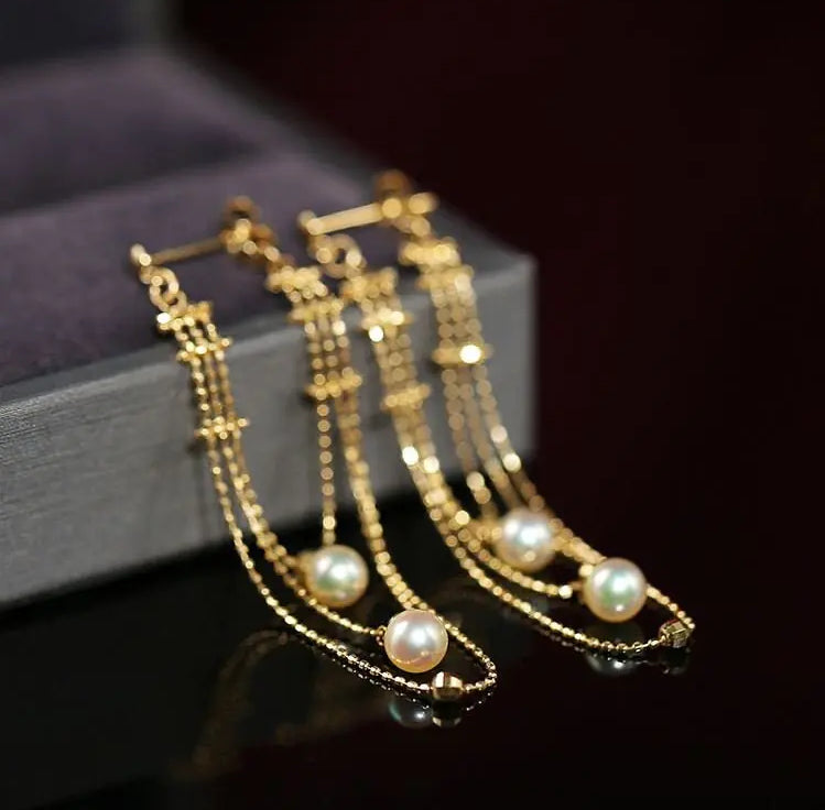 5mm Natural Akoya Pearl Lace Earrings 18K Solid Gold White Pink Pearl Lace Earrings, Gift Idea, Seawater Pearl Earrings, Gold Lace Earrings Etsy