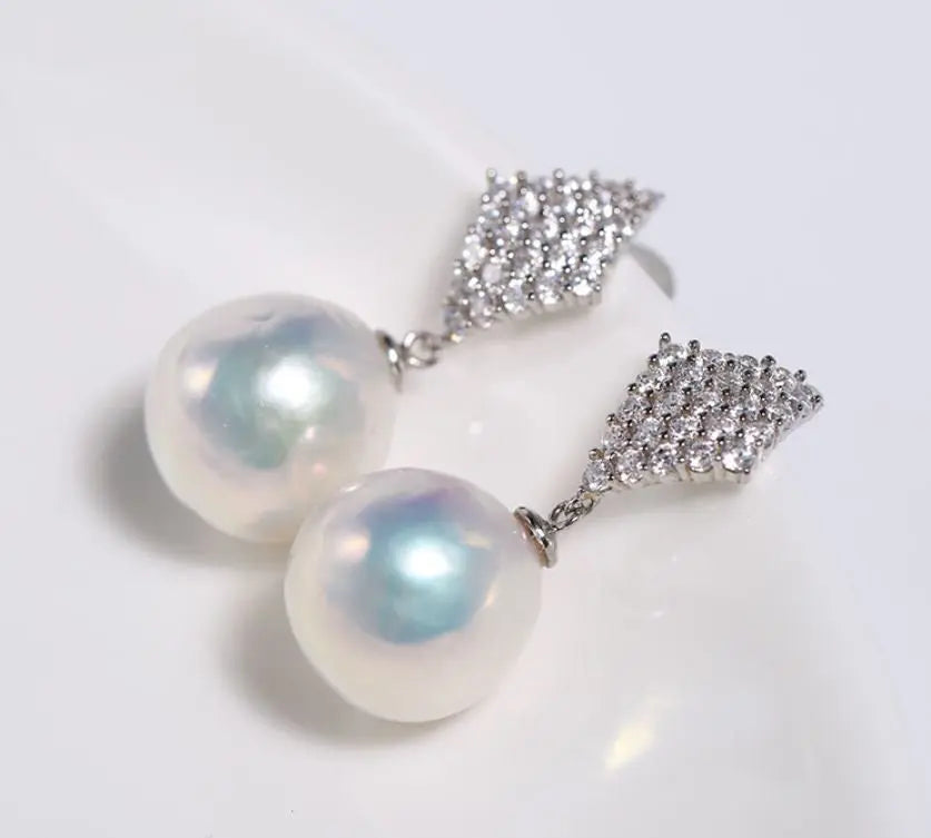 Rhombus Design 12mm Freshwater Pearl Earrings - Silver 925 Etsy