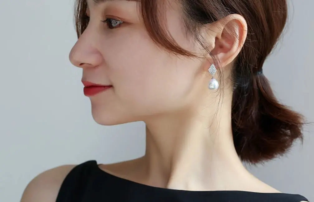 Rhombus Design 12mm Freshwater Pearl Earrings - Silver 925 Etsy