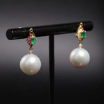 12mm Natural Pearl Emerald Earrings -  18K Yellow Gold Etsy