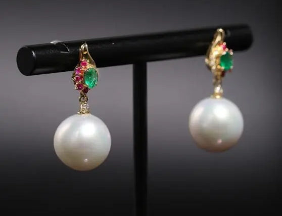 12mm Natural Pearl Emerald Earrings -  18K Yellow Gold Etsy