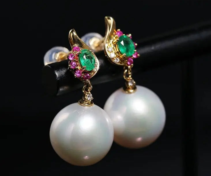 12mm Natural Pearl Emerald Earrings -  18K Yellow Gold Etsy