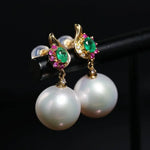 12mm High Luster White Pearl  Emerald Earrings - 18K Yellow Gold Etsy