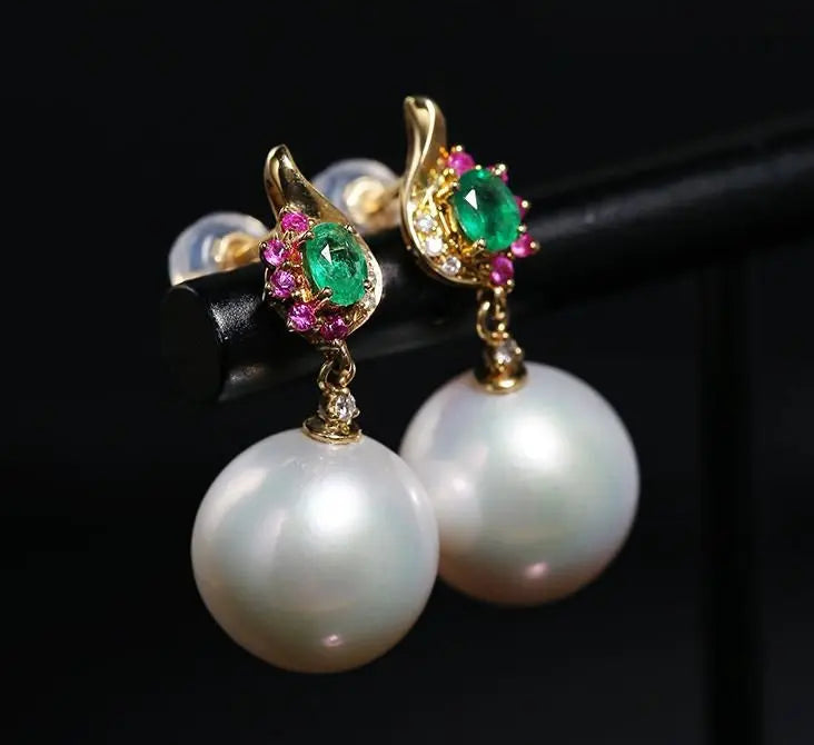 12mm High Luster White Pearl  Emerald Earrings - 18K Yellow Gold Etsy