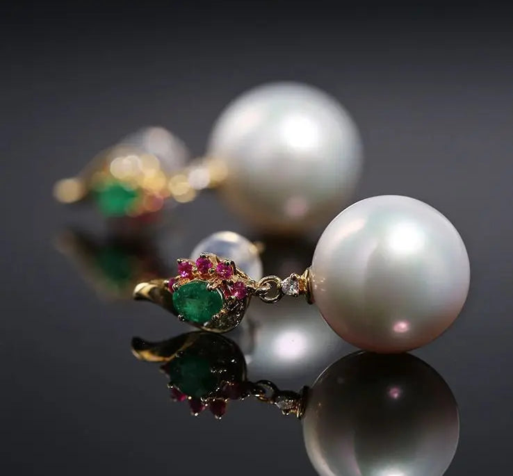 12mm Natural Pearl Emerald Earrings -  18K Yellow Gold Etsy