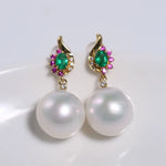 12mm Natural Pearl Emerald Earrings -  18K Yellow Gold Etsy