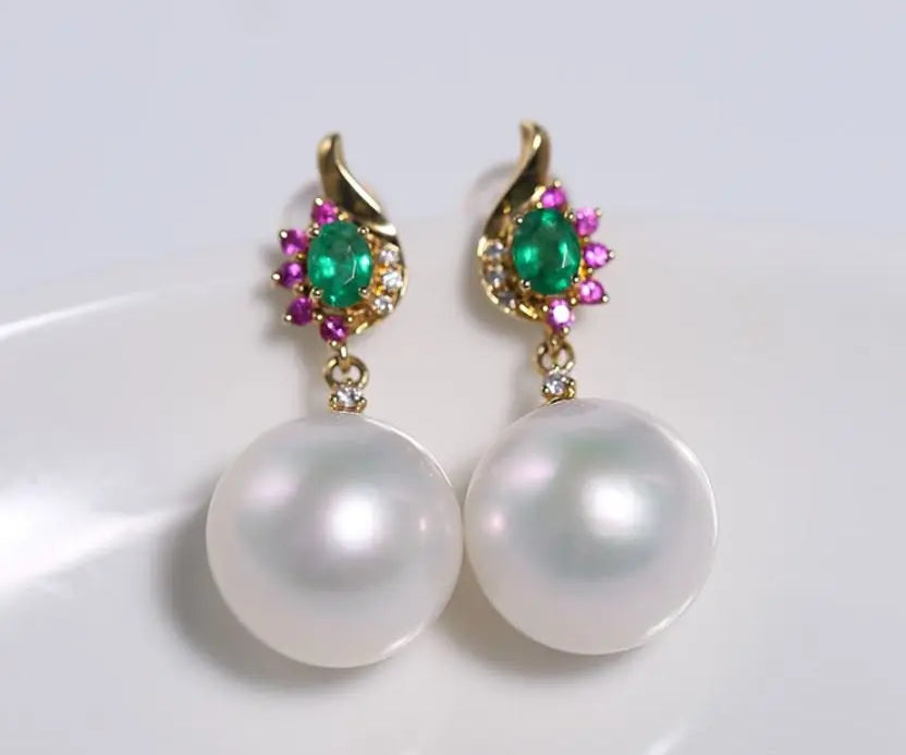 12mm High Luster White Pearl  Emerald Earrings - 18K Yellow Gold Etsy