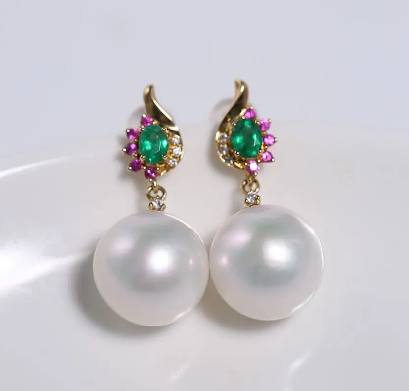12mm High Luster White Pearl  Emerald Earrings - 18K Yellow Gold Etsy