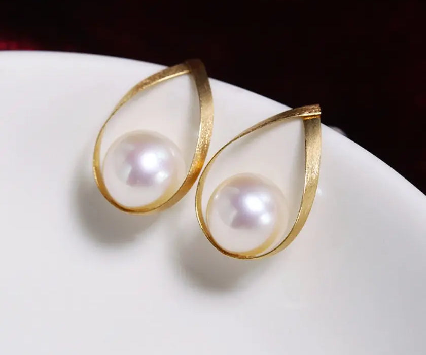 5A+ High Luster 8-9mm White Pearl Earrings Handmade 18k Solid Yellow Gold White Pearl Pear Shape Earrings, Gift Idea, Anniversary Idea Etsy