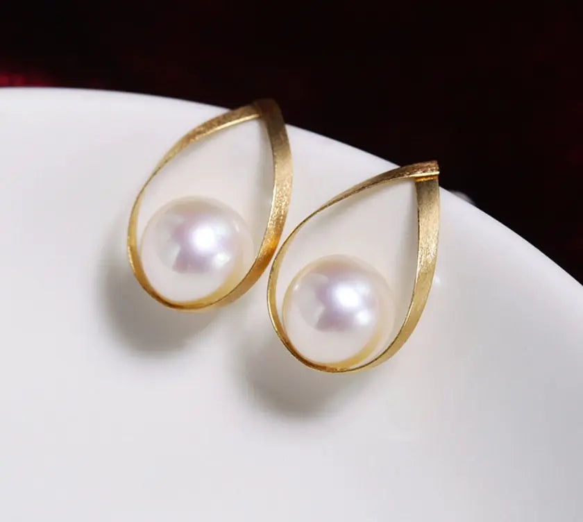 5A+ High Luster 8-9mm White Pearl Earrings Handmade 18k Solid Yellow Gold White Pearl Pear Shape Earrings, Gift Idea, Anniversary Idea Etsy