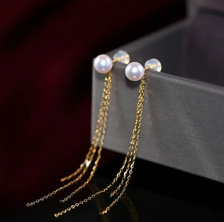 18K Yellow Gold Natural High Luster White Pink Pearl Earrings, Handmade White Pink Pearl Tassel Earrings, Gift Idea, Anniversary Idea Etsy