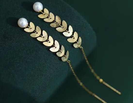 18K Gold Akoya Pearl Leaf Earrings - High Luster White Pearl Etsy