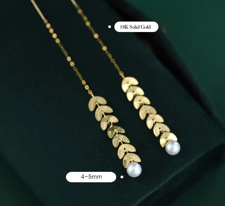 18K Gold Akoya Pearl Leaf Earrings - High Luster White Pearl Etsy