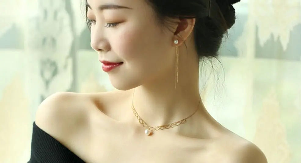18K Yellow Gold 9mm Natural Akoya Pearl Lace Necklace, White Pink Pearl Lace Necklace, Gift for Her, Hollow Out Design Necklace, Gift Idea Etsy