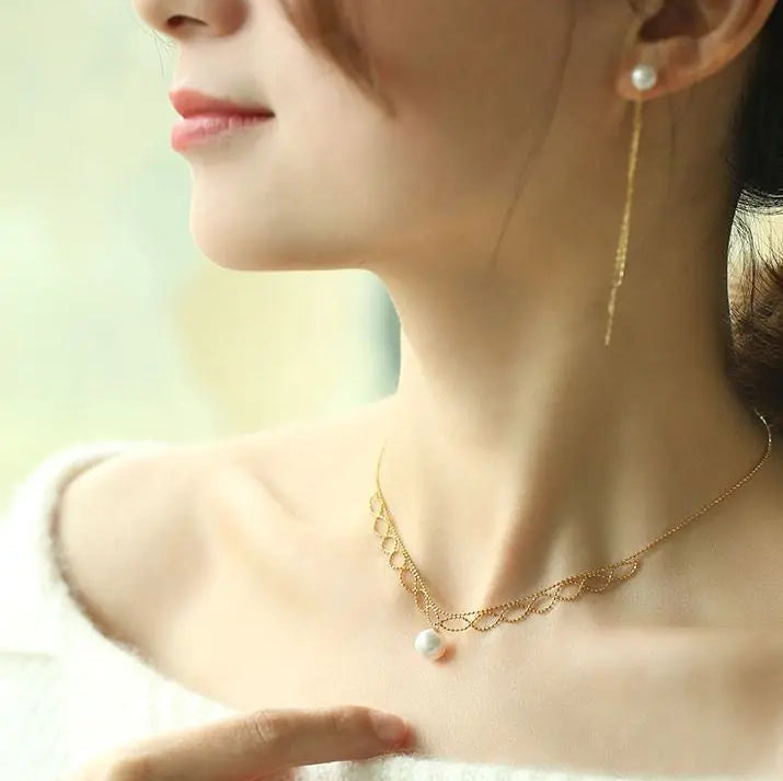 18K Yellow Gold 9mm Natural Akoya Pearl Lace Necklace, White Pink Pearl Lace Necklace, Gift for Her, Hollow Out Design Necklace, Gift Idea Etsy