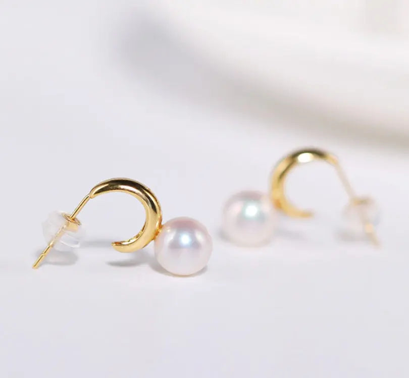 7mm Natural High Luster White Pearl & White Diamond Earrings Handmade 18k Solid Yellow Gold White Pearl Earrings, Gift for Mom, Gift Idea Etsy