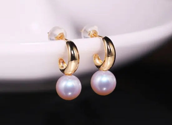 7mm Natural High Luster White Pearl & White Diamond Earrings Handmade 18k Solid Yellow Gold White Pearl Earrings, Gift for Mom, Gift Idea Etsy