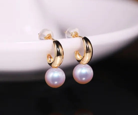 7mm Natural High Luster White Pearl & White Diamond Earrings Handmade 18k Solid Yellow Gold White Pearl Earrings, Gift for Mom, Gift Idea Etsy