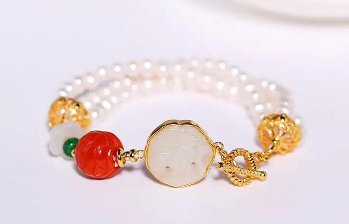5mm Natural High Luster White Pearl & South Red Agate Rose Bracelet Handmade 18k Gold Plated Vermeil Jade Bracelet, Multi Pearl Bracelet Etsy