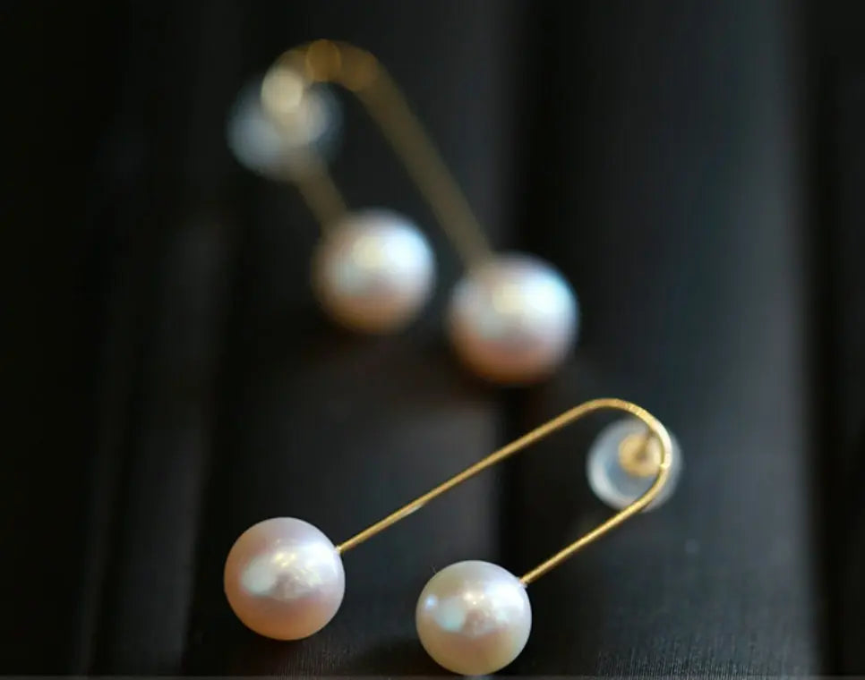6-8mm Natural High Luster White Pearl & White Diamond Earrings Handmade 18k Solid Yellow Gold White Pearl Earrings, Gift for Mom, Gift Idea Etsy