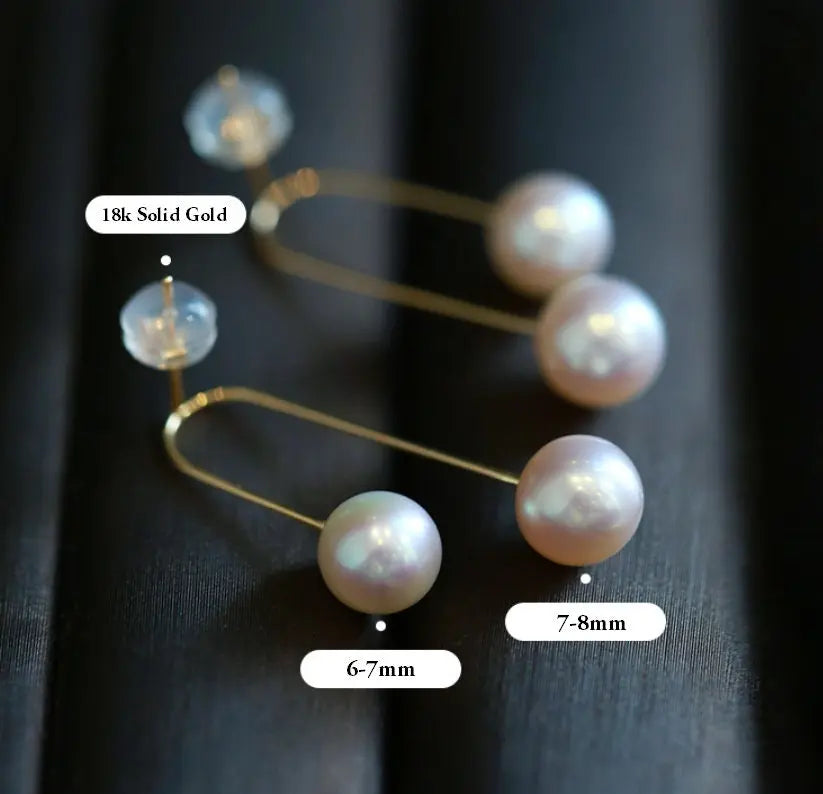 6-8mm Natural High Luster White Pearl & White Diamond Earrings Handmade 18k Solid Yellow Gold White Pearl Earrings, Gift for Mom, Gift Idea Etsy
