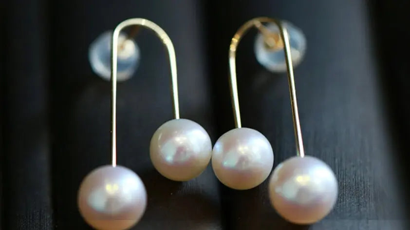 6-8mm Natural High Luster White Pearl & White Diamond Earrings Handmade 18k Solid Yellow Gold White Pearl Earrings, Gift for Mom, Gift Idea Etsy