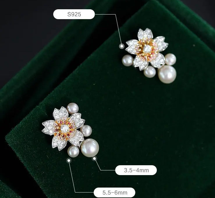 High Luster Akoya Pearl Earrings - Silver 925 Sakura Flower Design Etsy