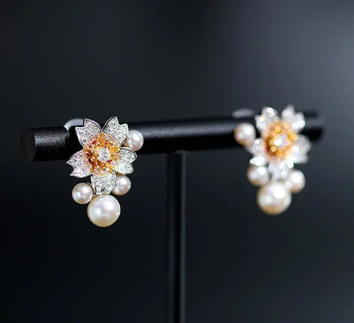 High Luster Akoya Pearl Earrings - Silver 925 Sakura Flower Design Etsy