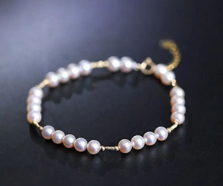 18K Yellow Gold Natural High Luster White Pearl Bracelets, Handmade Pearl Beaded Bracelets, Anniversary Gift Idea for Her Etsy