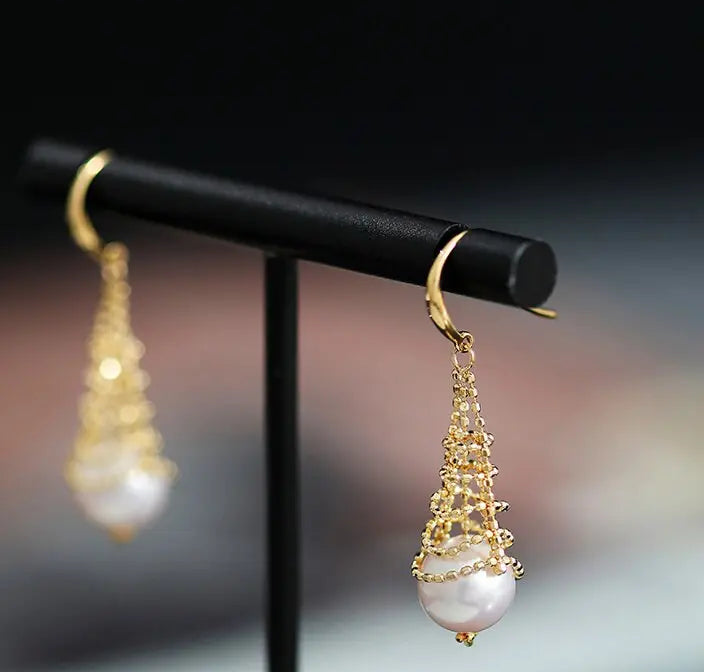 8mm Natural Japan Akoya Pearl Earrings 18k Solid Yellow Gold High Luster White Pearl Lace Earrings, Seawater Pearl, Anniversary Gift Idea Etsy