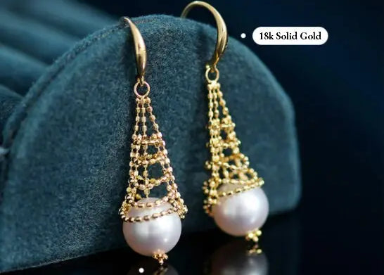 8mm Natural Japan Akoya Pearl Earrings 18k Solid Yellow Gold High Luster White Pearl Lace Earrings, Seawater Pearl, Anniversary Gift Idea Etsy