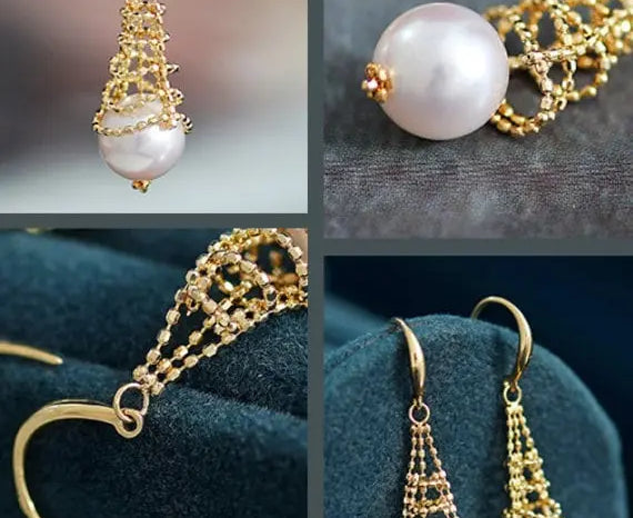 8mm Natural Japan Akoya Pearl Earrings 18k Solid Yellow Gold High Luster White Pearl Lace Earrings, Seawater Pearl, Anniversary Gift Idea Etsy